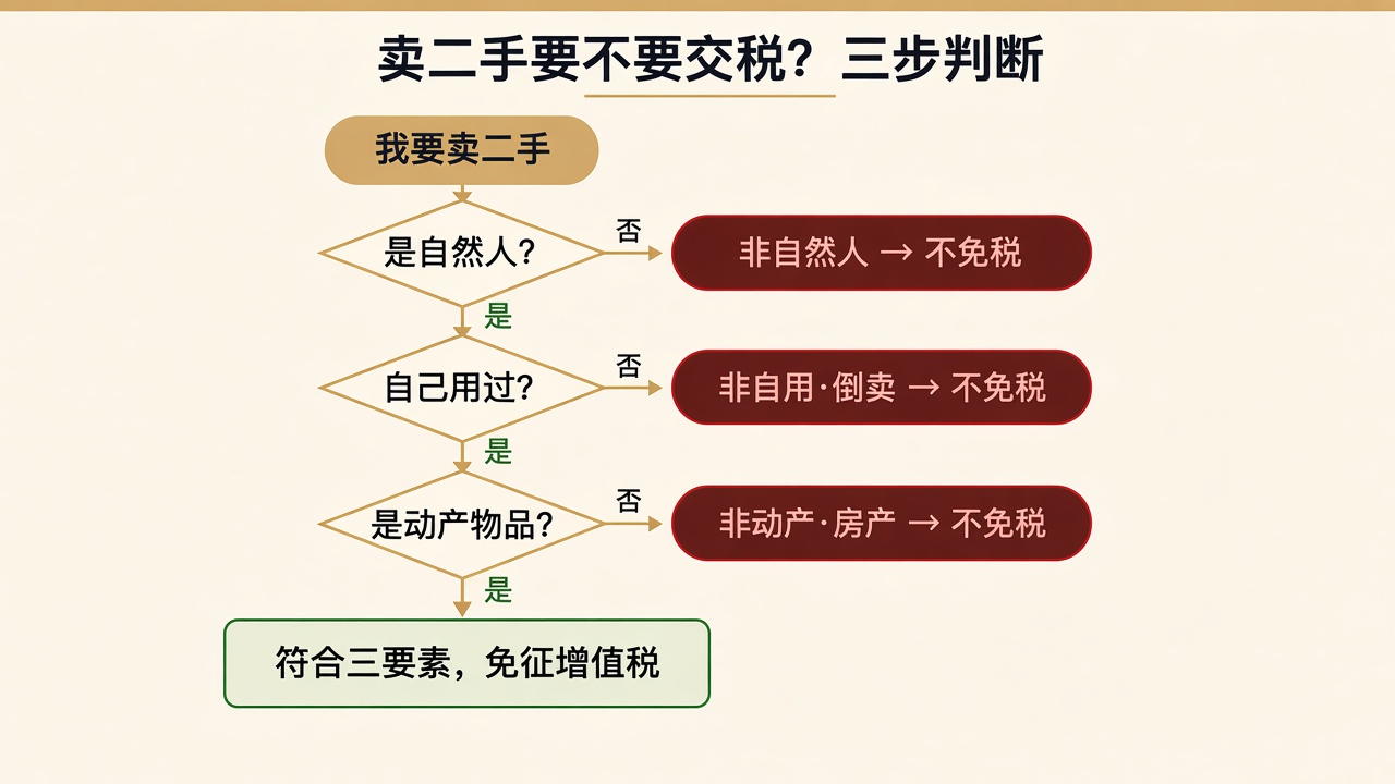 卖二手是否免征增值税的三步判断：是否自然人、是否自己使用过、是否动产物品