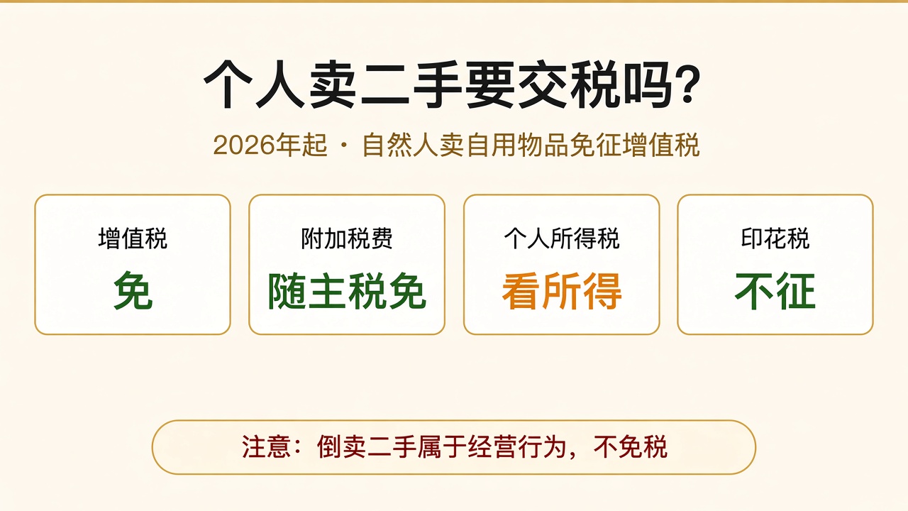 自然人卖自用旧物四税种判断：增值税免征、附加税费随主税免、个人所得税看所得、印花税不征